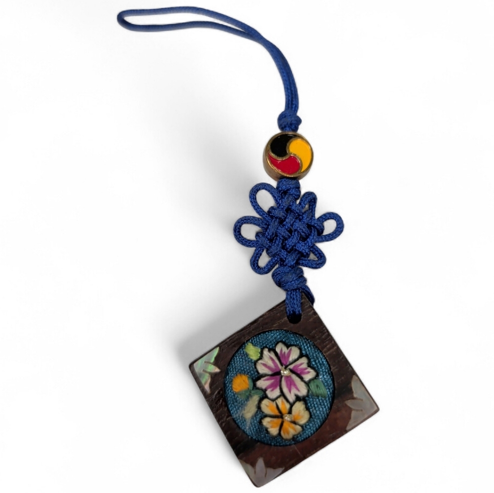 Rare Vintage Wood Korean Norigae - Hand-Painted Flower & Silk Knot Bag Charm